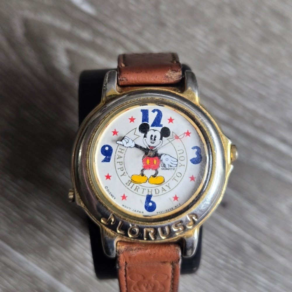 Mickey Mouse Birthday Watch Vintage Disney Lorus V421-0020 Two Tone